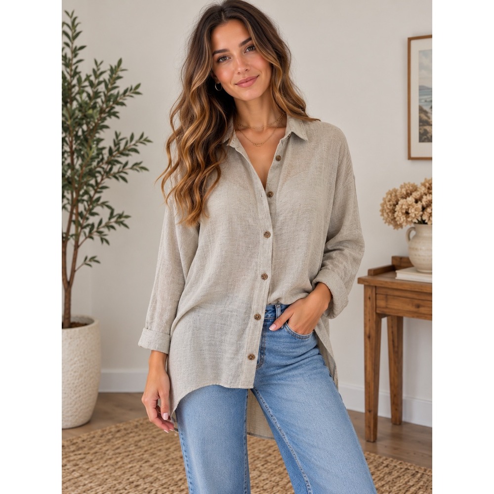 JR by Jenny le Roux Oversized Beige Linen-Feel Button-Up Shirt | L/XL